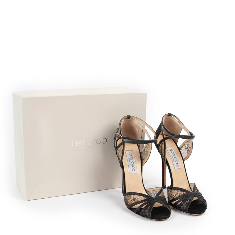 Shop safe online at Labellov in Antwerp this 100% authentic second hand Jimmy Choo Fitch Black Lace Sandals - Size 38