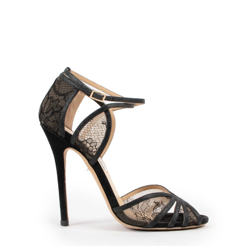 Shop safe online at Labellov in Antwerp this 100% authentic second hand Jimmy Choo Fitch Black Lace Sandals - Size 38