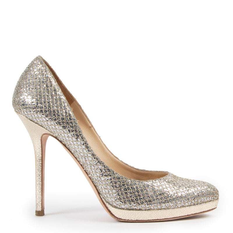 Buy second hand authentic Jimmy Choo Crown Champagne Gold Glitter Pumps at Labellov for the best price