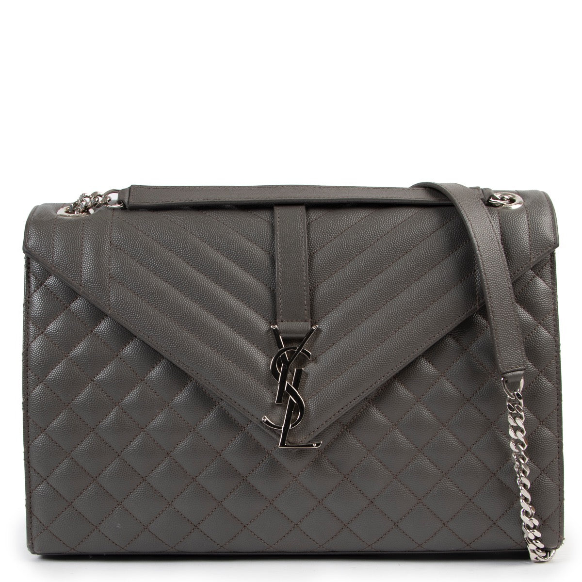 Shop safe online at Labellov in Antwerp this 100% authentic second hand Saint Laurent Taupe Enveloppe Large Shoulder Bag
