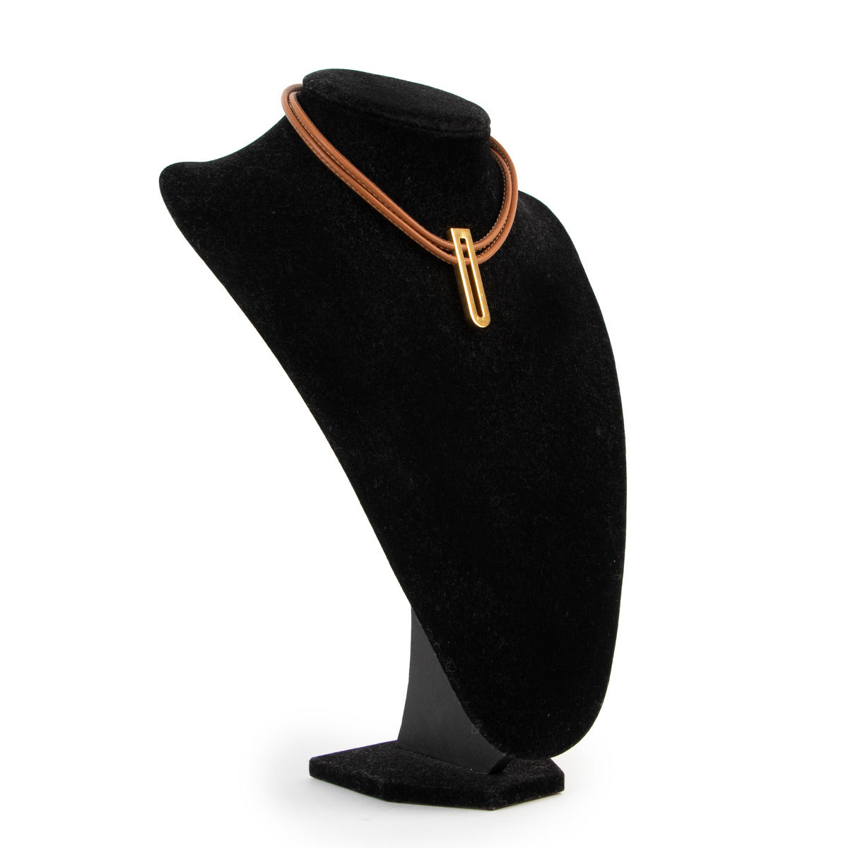 Collier Delvaux en cuir cognac et or en forme de D