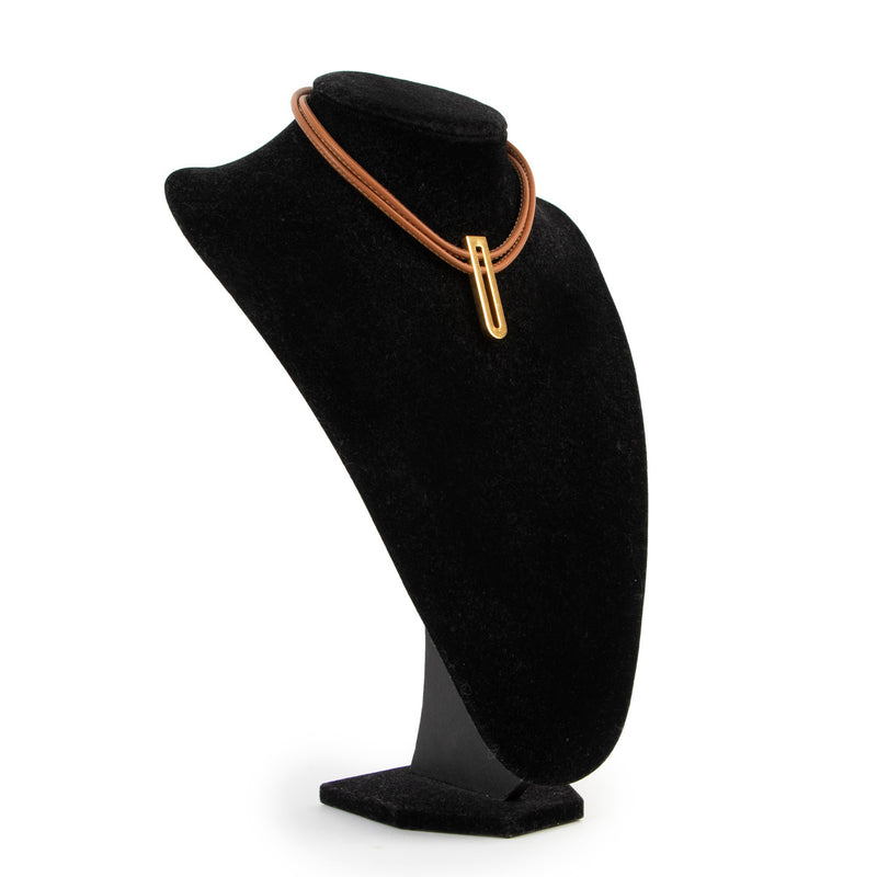 Delvaux Cognac Leather Gold D Necklace