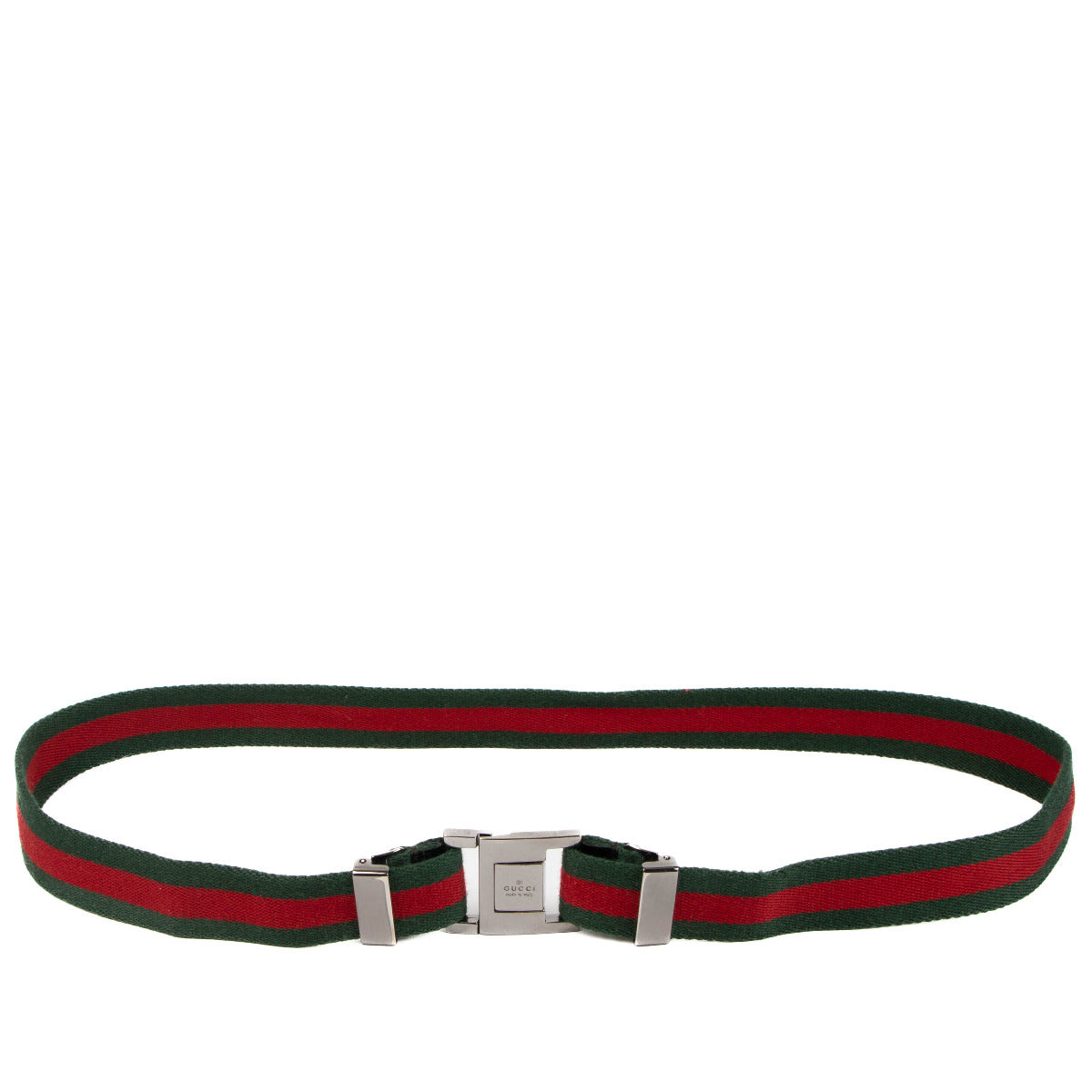 Ceinture Gucci en toile rouge et verte avec boucle carrée en ruthénium entrelacée