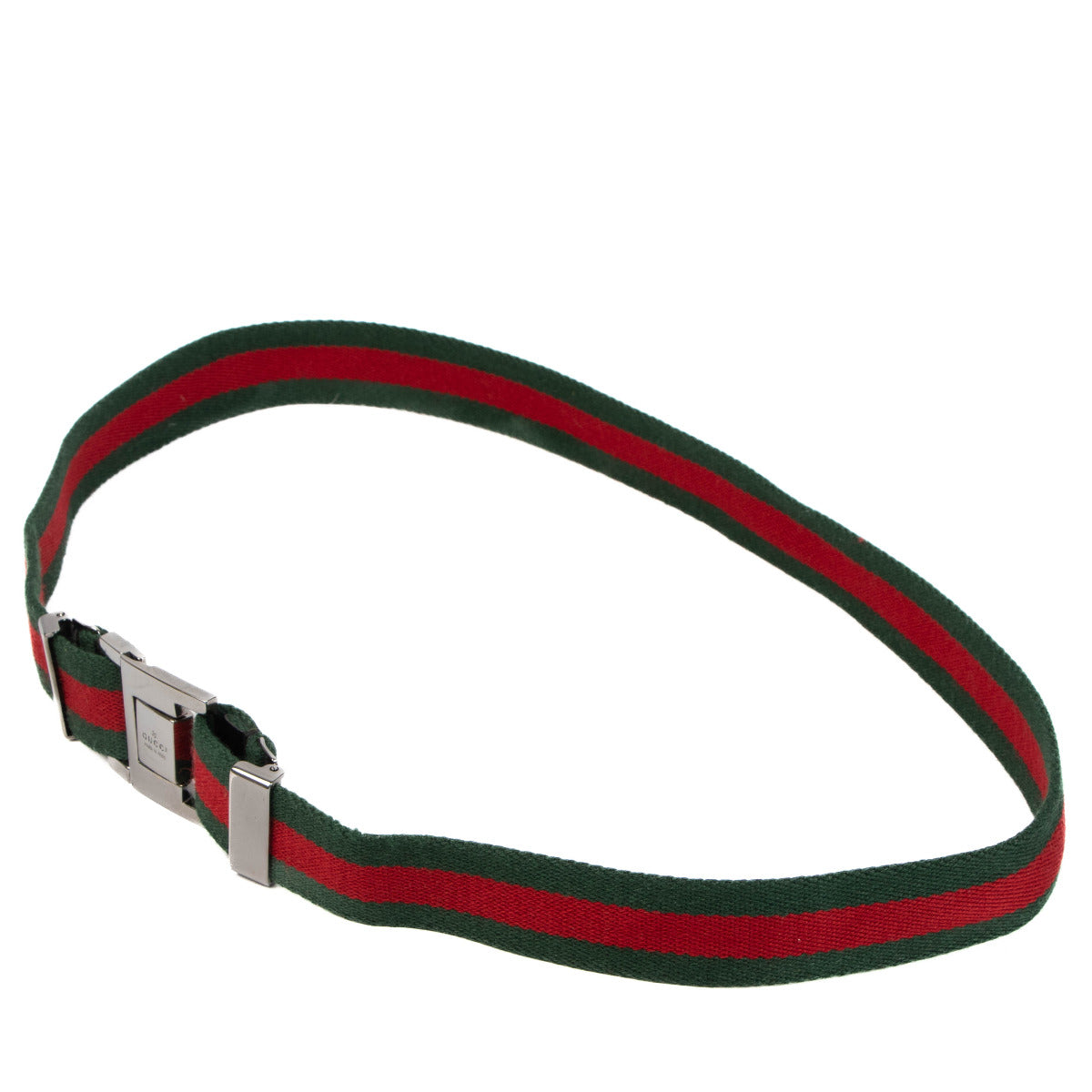 Ceinture Gucci en toile rouge et verte avec boucle carrée en ruthénium entrelacée