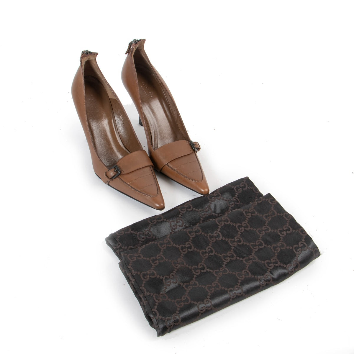 Gucci Brown Leather Buckle Pointy-Toe Pumps - Size 37,5