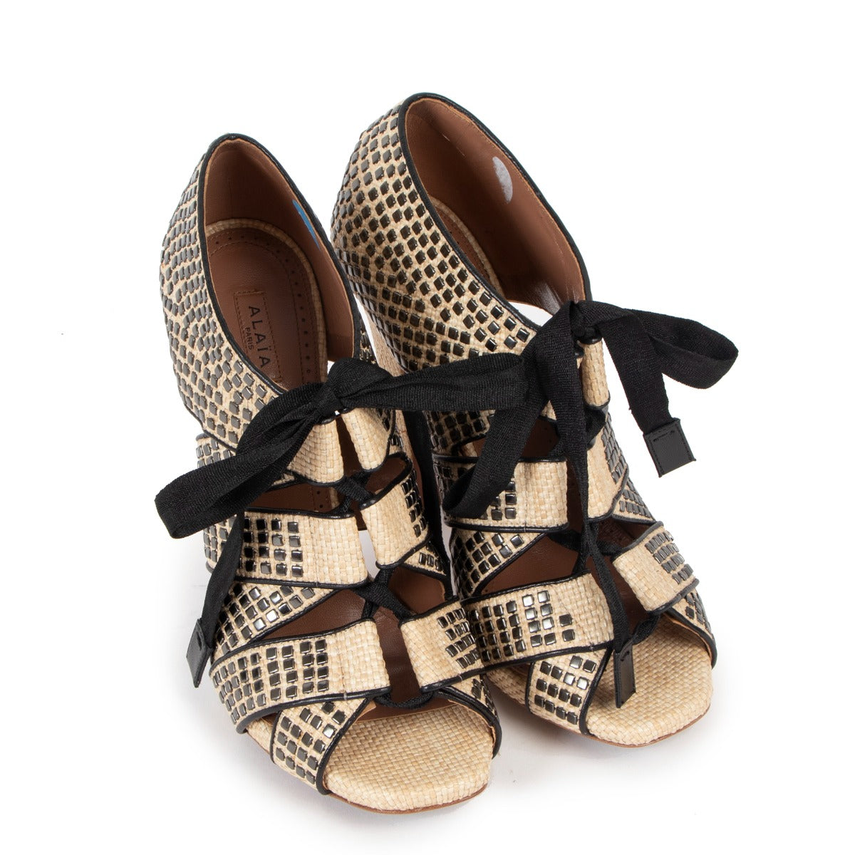 Alaïa Raffia Studded Ribbon Sandals