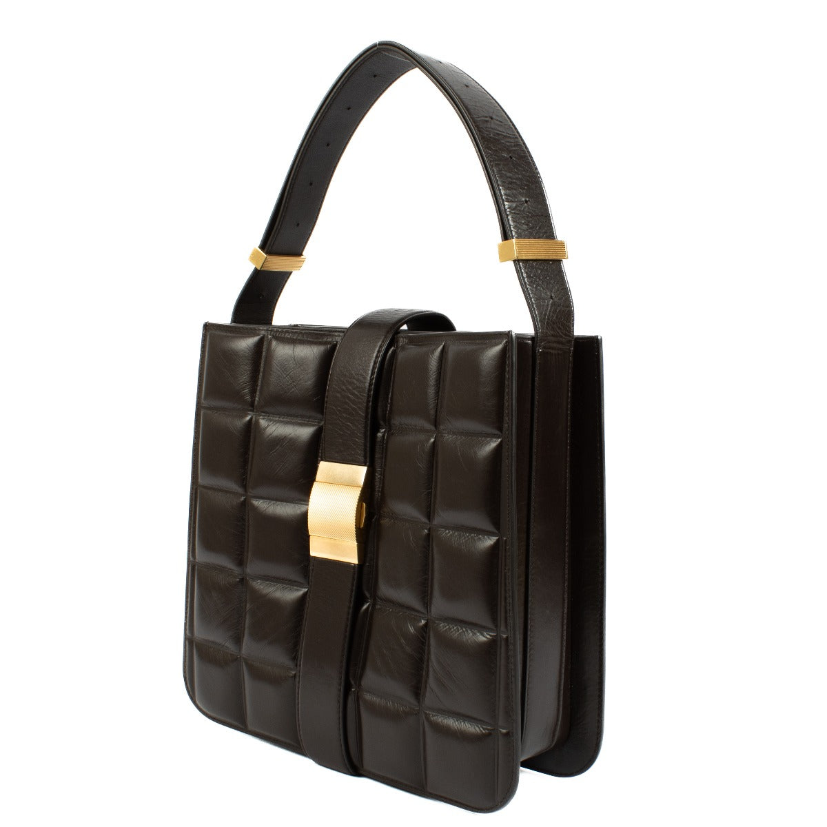 Bottega Veneta Fondant Padded Marie Bag in brown leather, featuring a padded design and elegant gold-tone hardware. Shop now on Labellov.