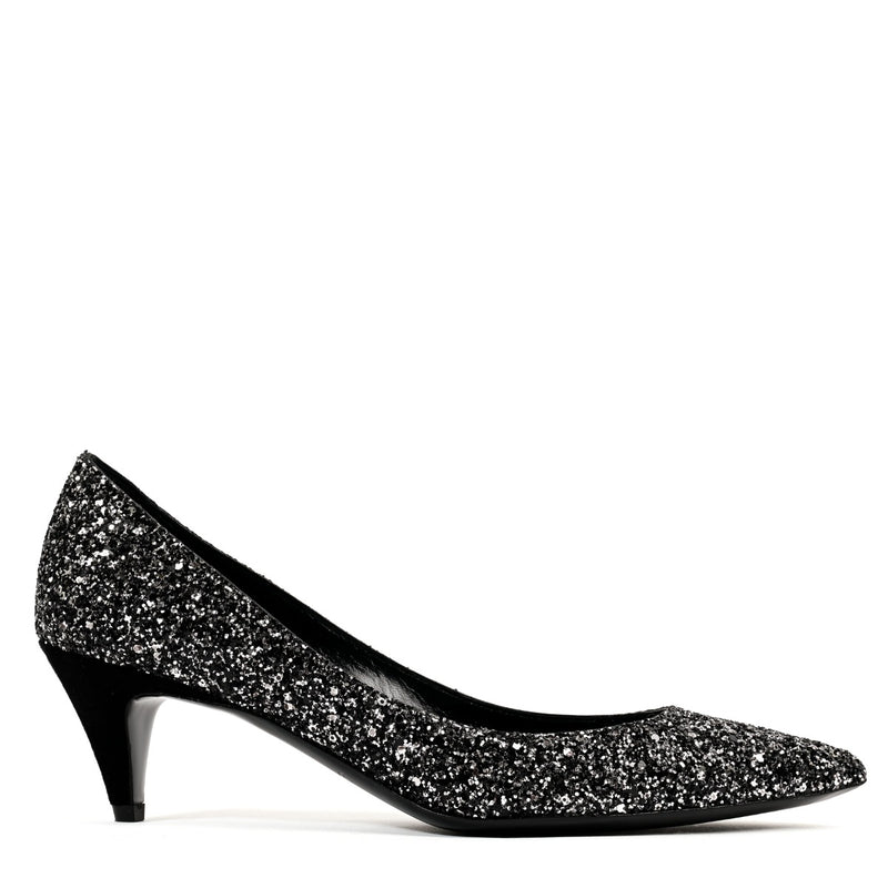 Saint Laurent Black Glitter Sequin Kitten Heels