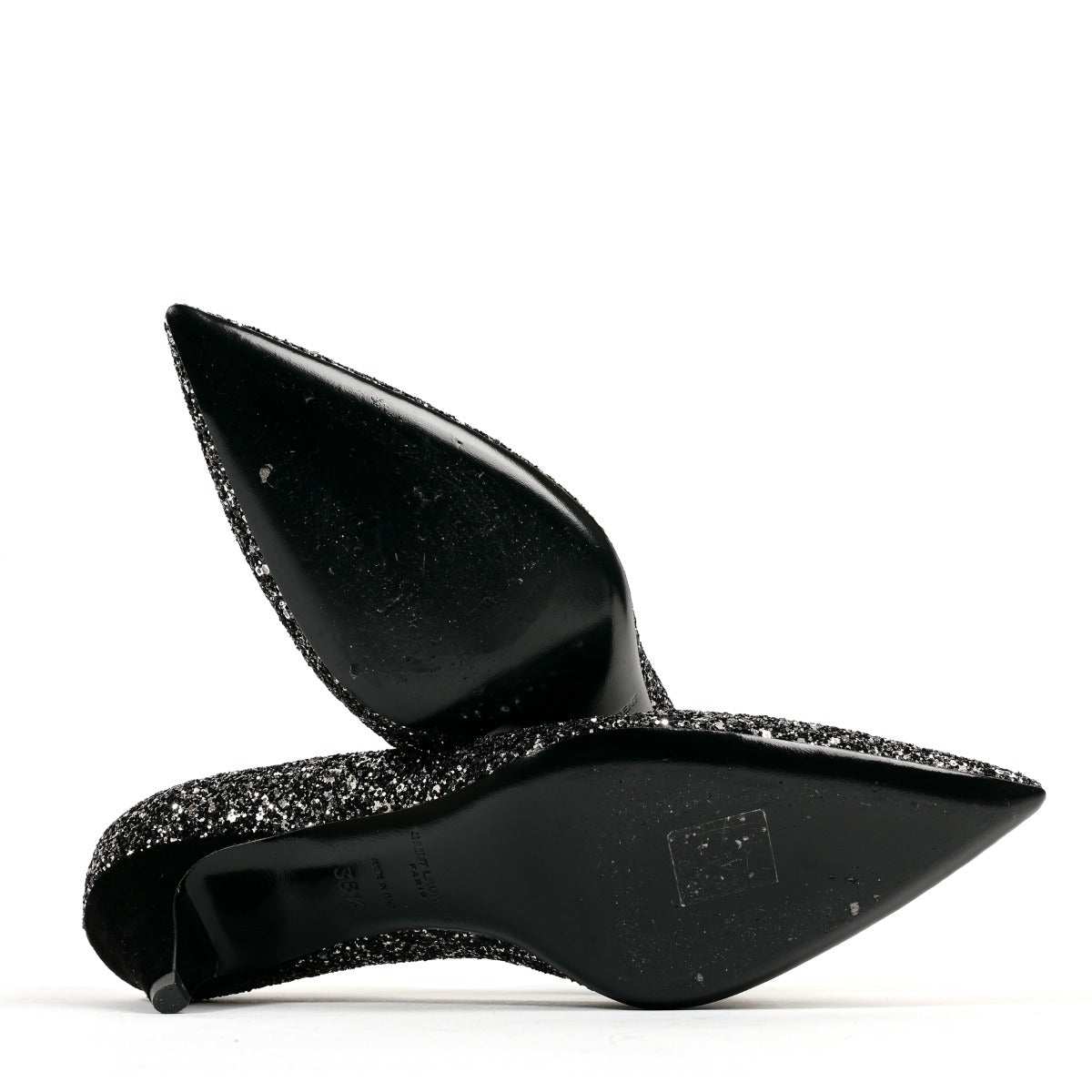 Saint Laurent Black Glitter Sequin Kitten Heels - Size 38.5