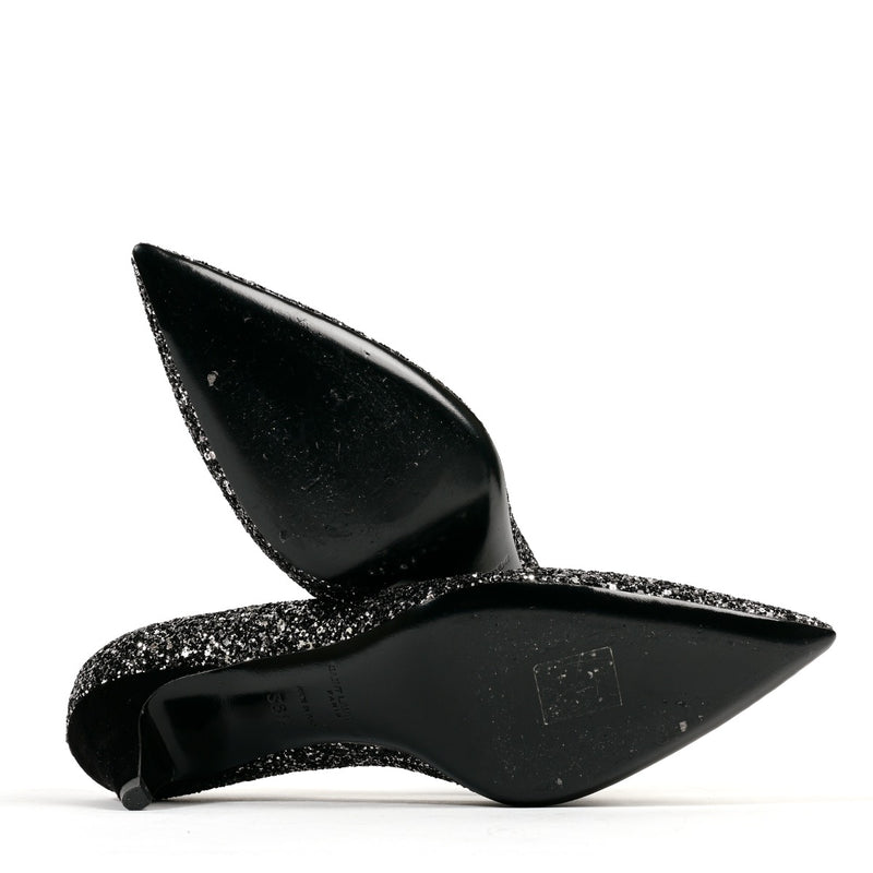 Saint Laurent Zwarte Glitter Pailletten Kitten Heels - Maat 38.5