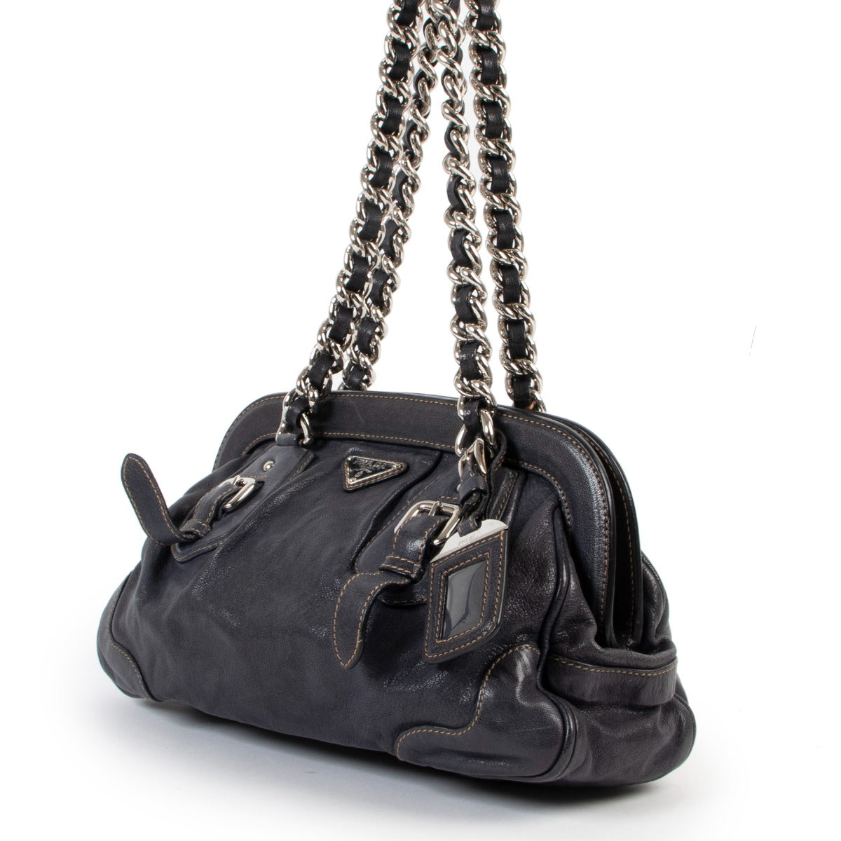 Shop safe online Prada blue leather shoulder bag, Prada blue shoulder bag in good condition, Preloved Prada bag in good condition.