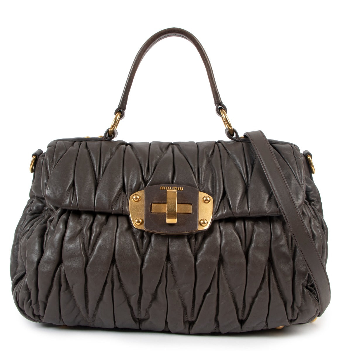 Miu Miu Taupe Matelasse Leather Turnlock Top Handle Bag