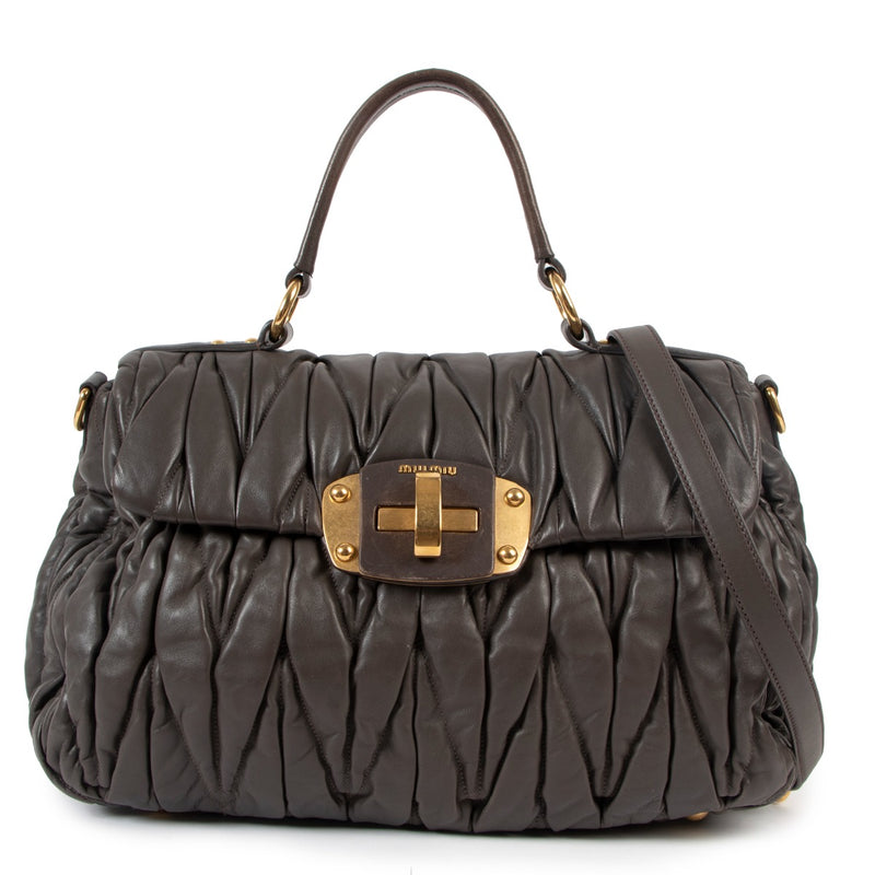 Miu Miu Taupe Matelasse Leather Turnlock Top Handle Bag
