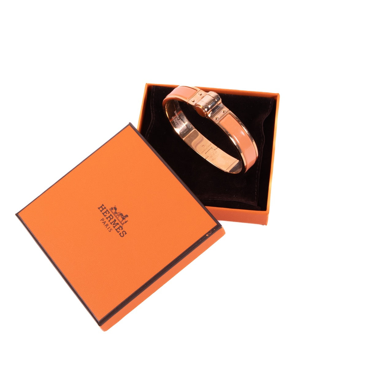Shop safe online at labellov in Antwerp this 100% authentic second hand Hermès Charnière Orange Papaya Enamel Rose Gold Bracelet - size GM
