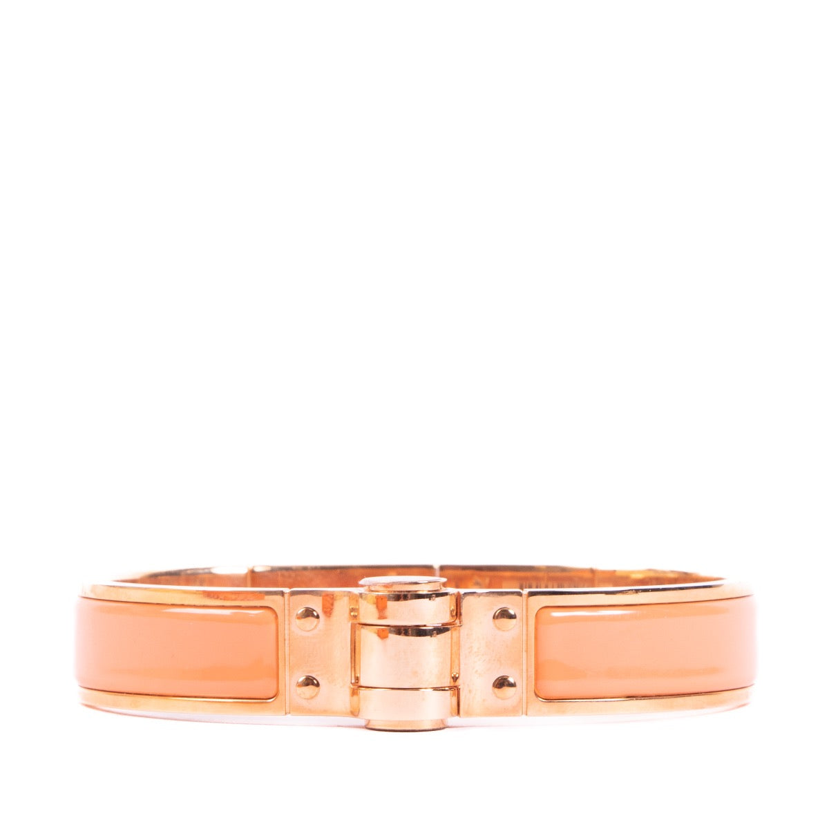 Shop safe online at labellov in Antwerp this 100% authentic second hand Hermès Charnière Orange Papaya Enamel Rose Gold Bracelet - size GM