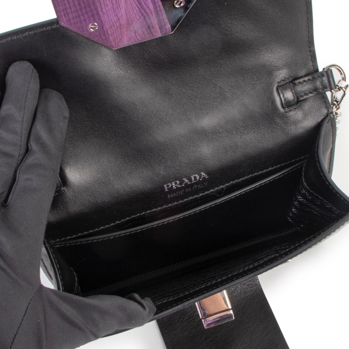 Shop safe online at Labellov in Antwerp this 100% authentic second hand Prada Black/Teal Leather Jewels Ribbon Crossbody Bag