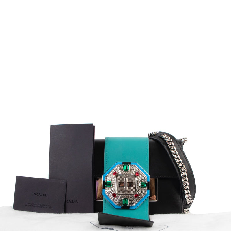Shop safe online at Labellov in Antwerp this 100% authentic second hand Prada Black/Teal Leather Jewels Ribbon Crossbody Bag