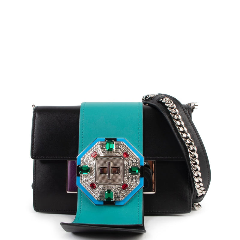 Shop safe online at Labellov in Antwerp this 100% authentic second hand Prada Black/Teal Leather Jewels Ribbon Crossbody Bag