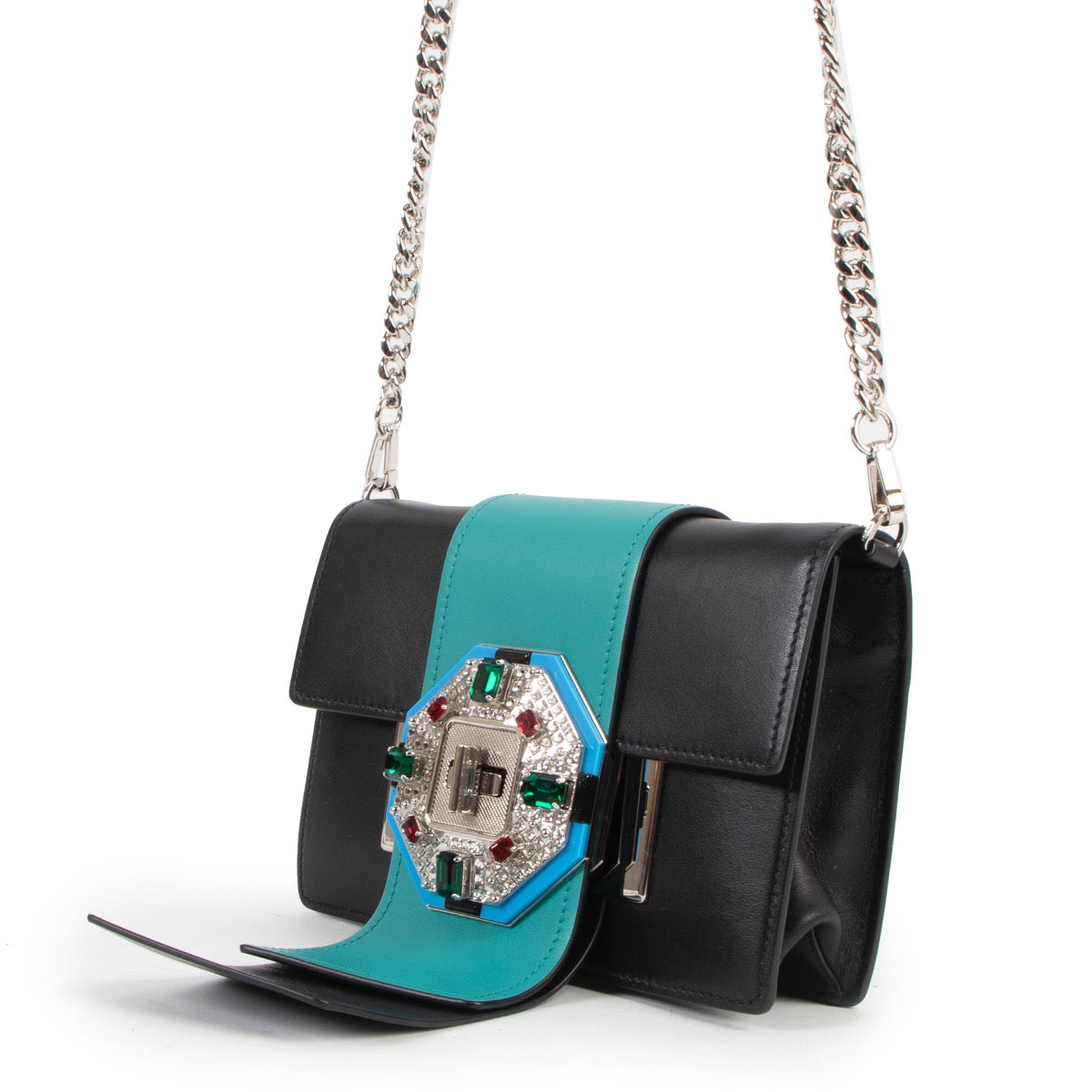 Shop safe online at Labellov in Antwerp this 100% authentic second hand Prada Black/Teal Leather Jewels Ribbon Crossbody Bag