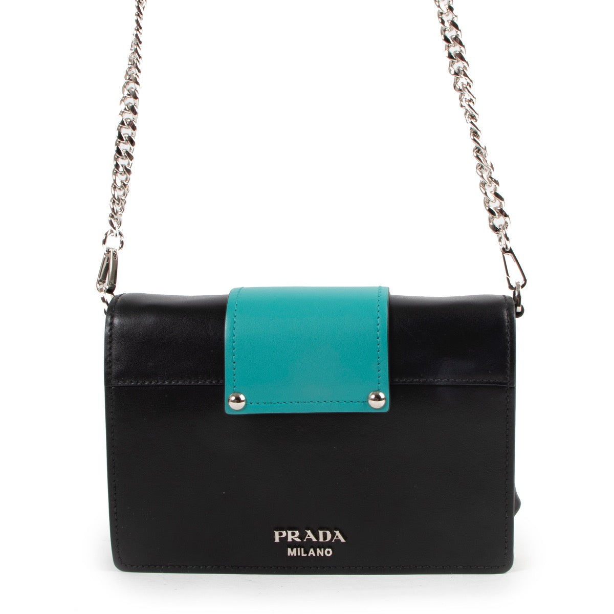 Shop safe online at Labellov in Antwerp this 100% authentic second hand Prada Black/Teal Leather Jewels Ribbon Crossbody Bag
