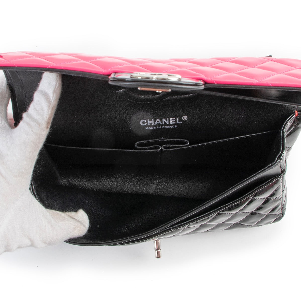 shop 100% authentic Chanel Pink Black Patent Calfskin Quilted Bi-Color Medium Double Flap