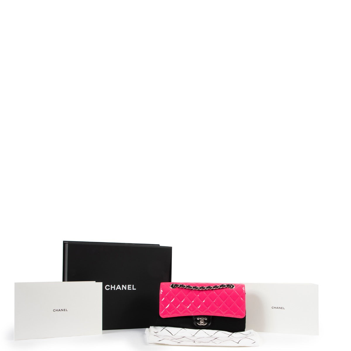 shop safe online Chanel Pink Black Patent Calfskin Quilted Bi-Color Medium Double Flap