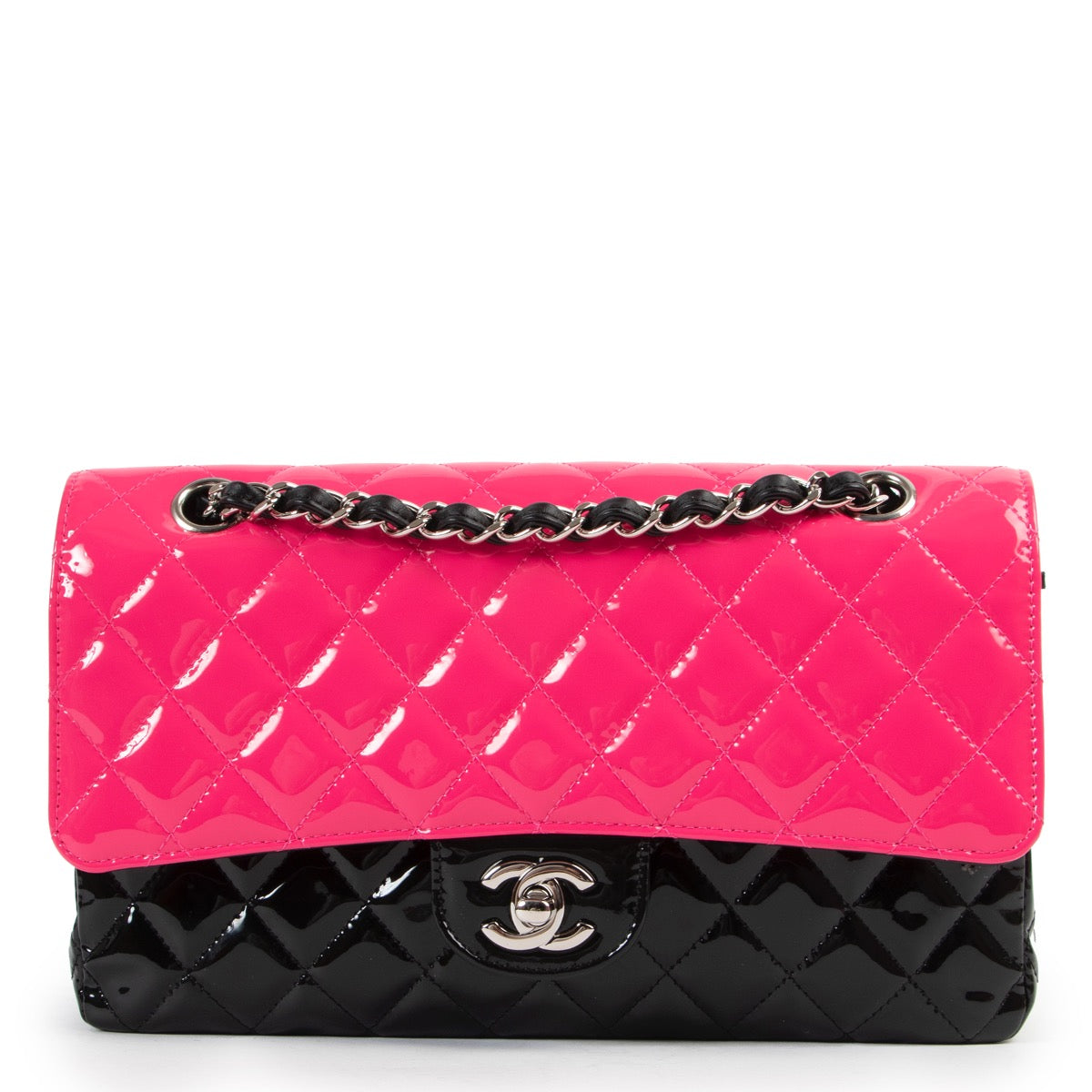 Chanel Pink Black Patent Calfskin Quilted Bi-Color Medium Double Flap