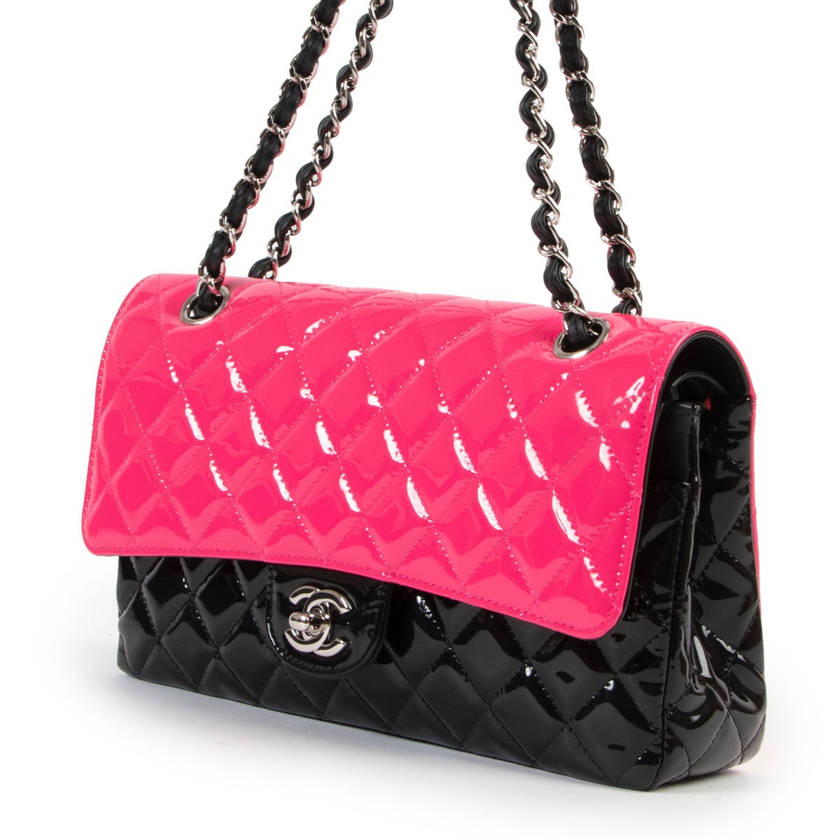 limited Chanel Pink Black Patent Calfskin Quilted Bi-Color Medium Double Flap