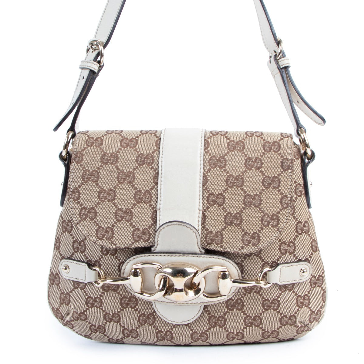 Buy online an authentic second handGucci Horsebit wave GG Canvas Shoulder Bag in very good condition at Labellov in Antwerp.