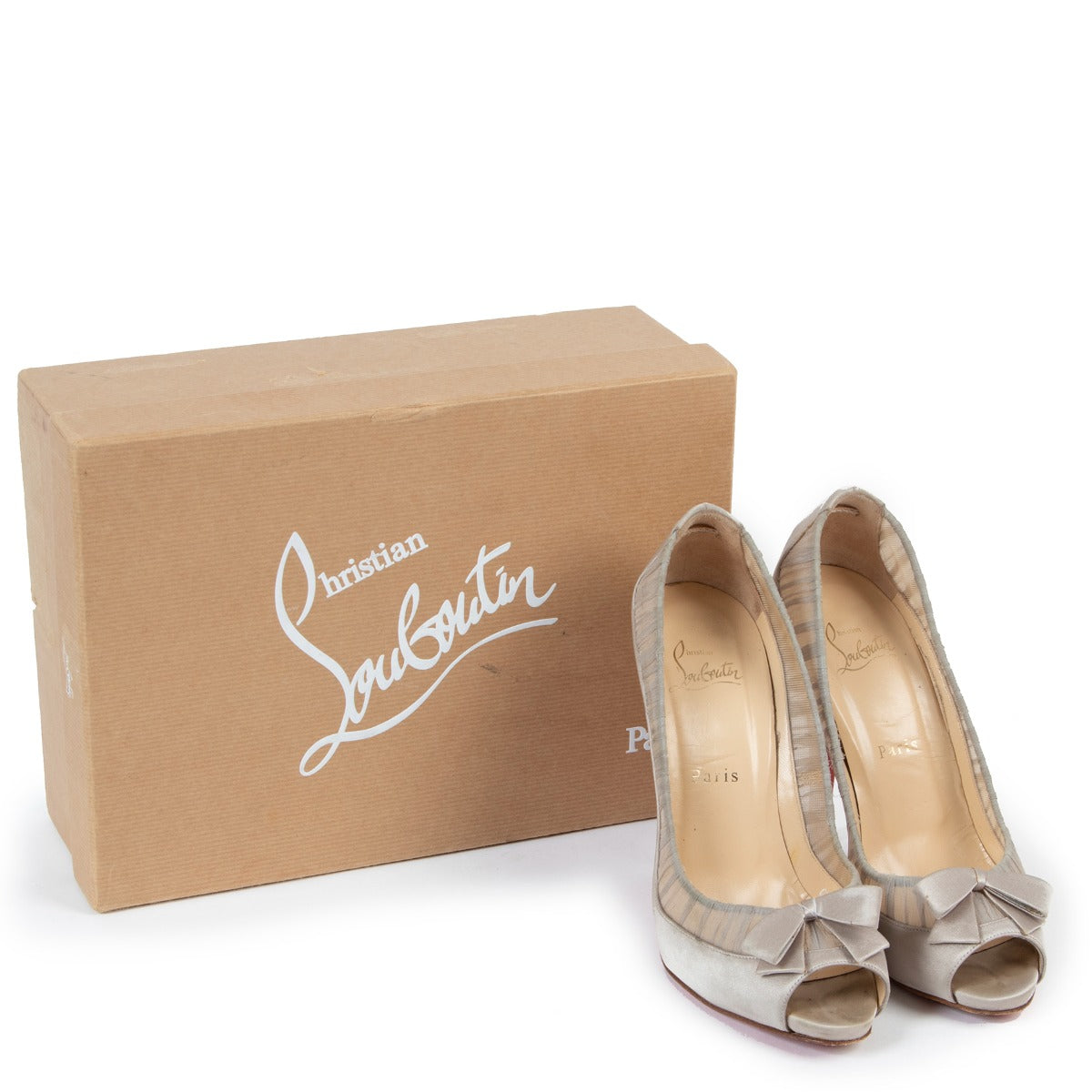 Shop second hand authentic luxury designer Christian Louboutin Nude Satin Chiffon Angelique 120 Peep-toe Pumps at Labellov.