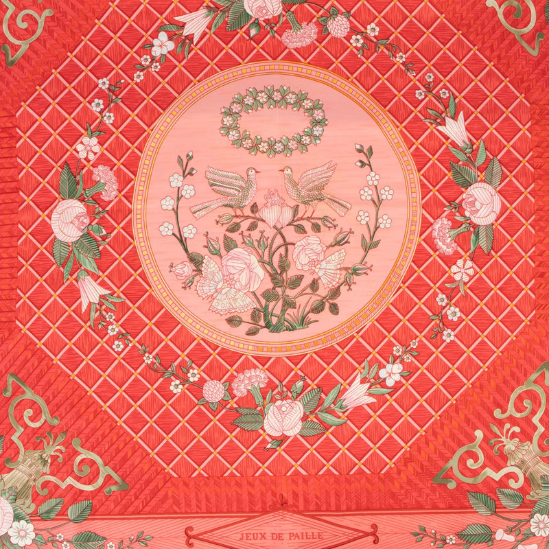 Buy an authentic second hand Hermès red Jeux De Paille silk scarf in very good condition at Labellov.