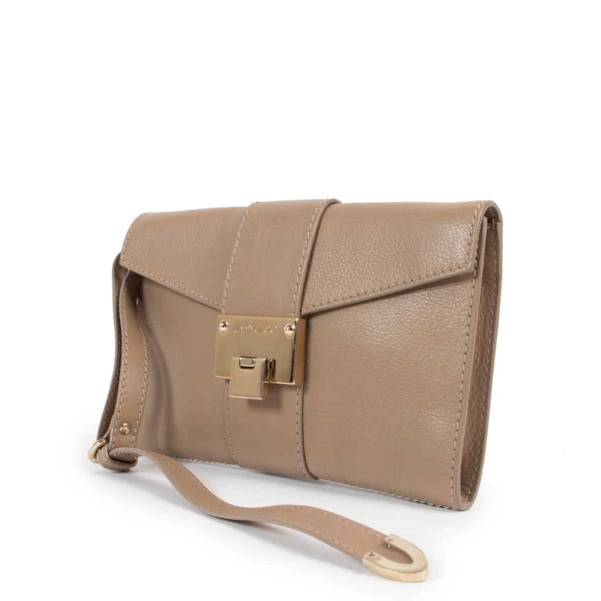 Shop safe online at Labellov in Antwerp this 100% authentic second hand Jimmy Choo Taupe Enveloppe Clutch