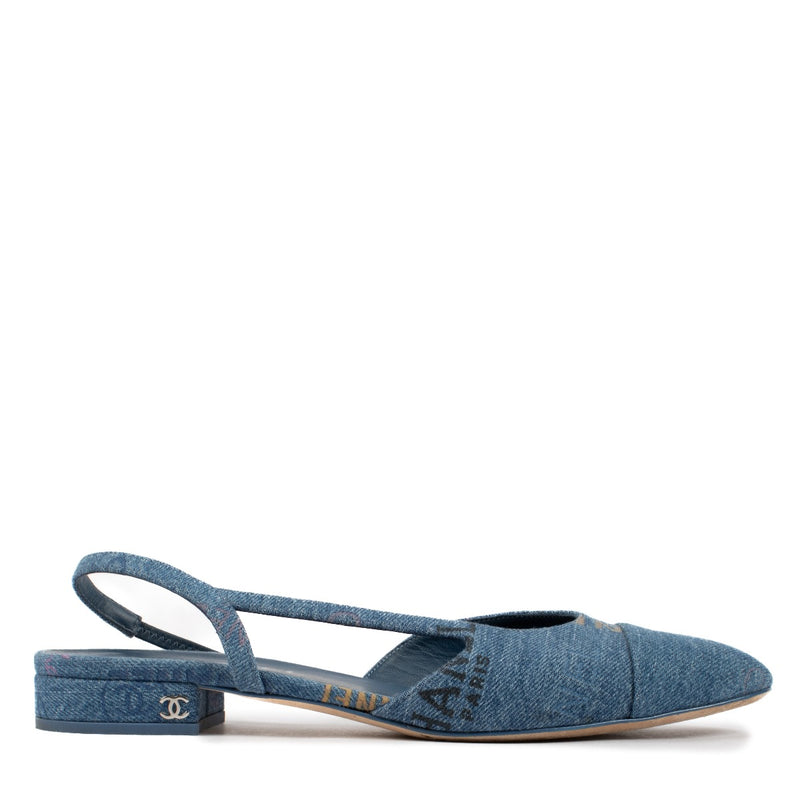 Shop 100% authentic secondhand Chanel Denim Logo Slingback Flats - Size 40 1/2 C on Labellov.com
