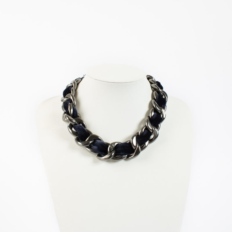 Authentic second hand Chanel 13B Blue Velvet Woven Chain Necklace on Labellov.com