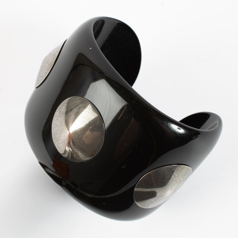 Hermès Black Bois Laqué Sterling Silver Stud Horn Cuff Bracelet - Size PM
