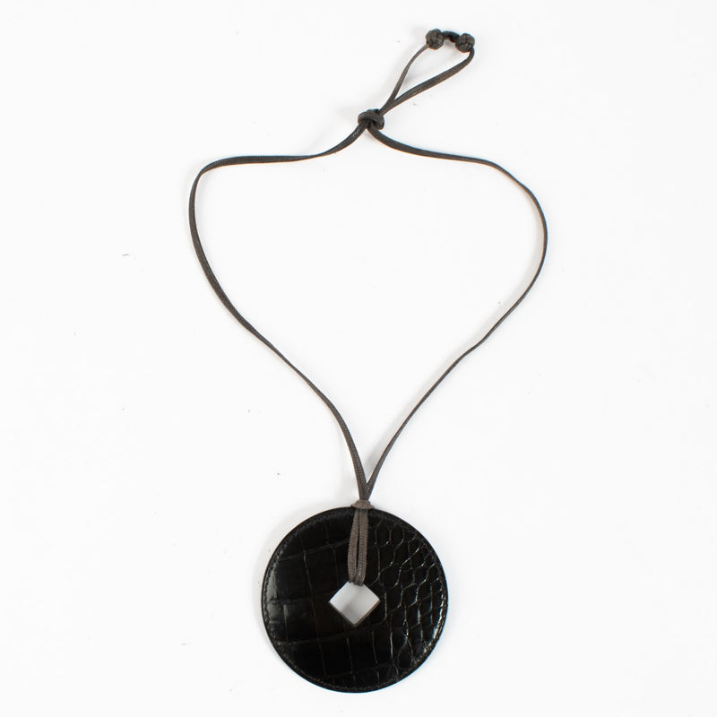 Hermès Black Shiny Alligator Tsuba Pendant Necklace