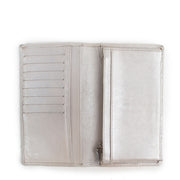 Shop authentic second hand designer vintage Chanel Metallic Silver Camellia Long Flap Wallet at Labellov.