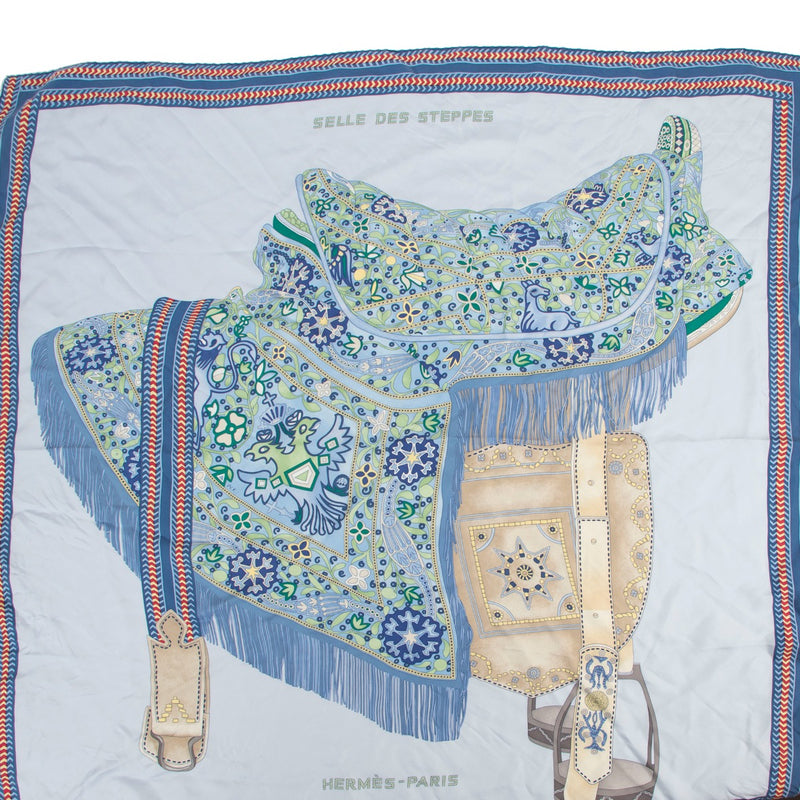 Shop second hand Hermès Selle Des Steppes Bleu Ciel/Bleu Jean/Vert Wash Carré 90 Silk Scarf at Labellov
