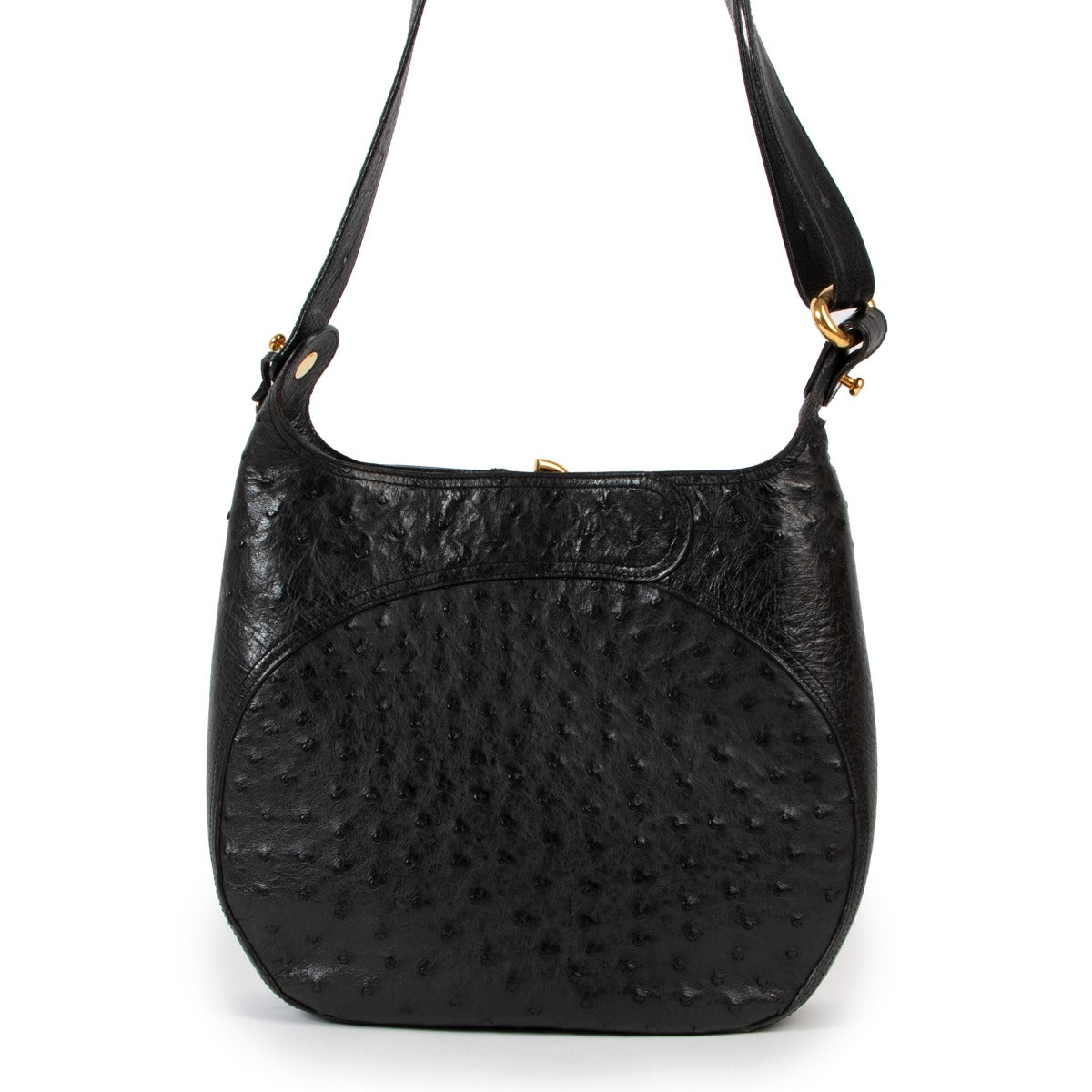 Shop safe online at Labellov in Antwerp this 100% authentic second hand Delvaux Black Ostrich Souverain Crossbody