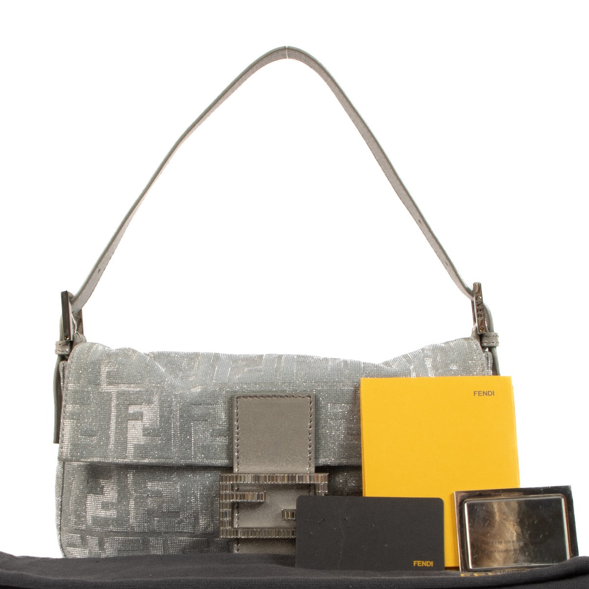 Shop safe online at Labellov in Antwerp, Brussels and Knokke this 100% authentic second hand Fendi Silver Crystal Embellished Baguette Shoulder Bag