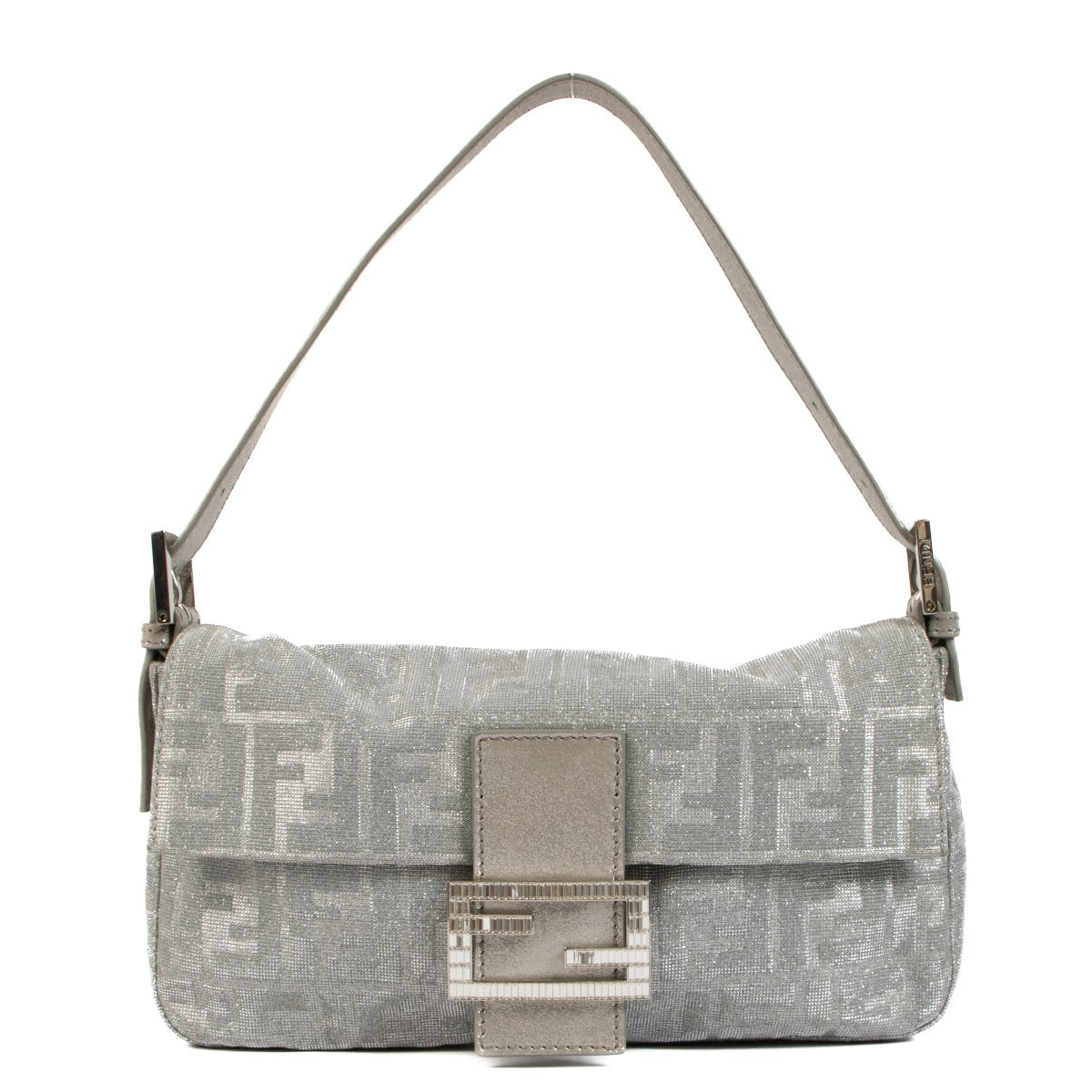 Shop safe online at Labellov in Antwerp, Brussels and Knokke this 100% authentic second hand Fendi Silver Crystal Embellished Baguette Shoulder Bag