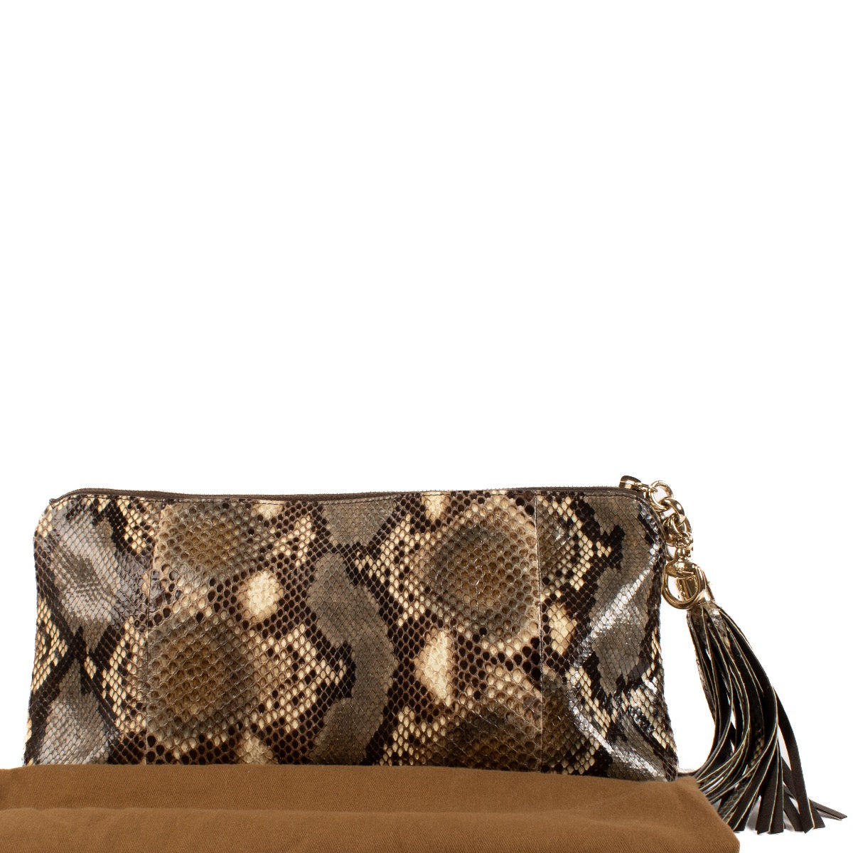 Shop safe online at Labellov in Antwerp, Brussels and Knokke this 100% authentic second hand Gucci Python Sienna Tassel Clutch