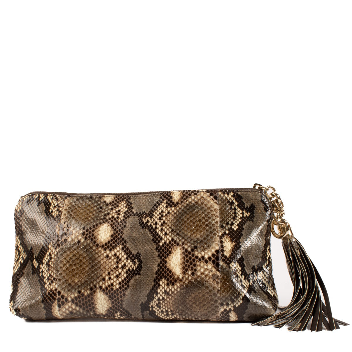 Shop safe online at Labellov in Antwerp, Brussels and Knokke this 100% authentic second hand Gucci Python Sienna Tassel Clutch