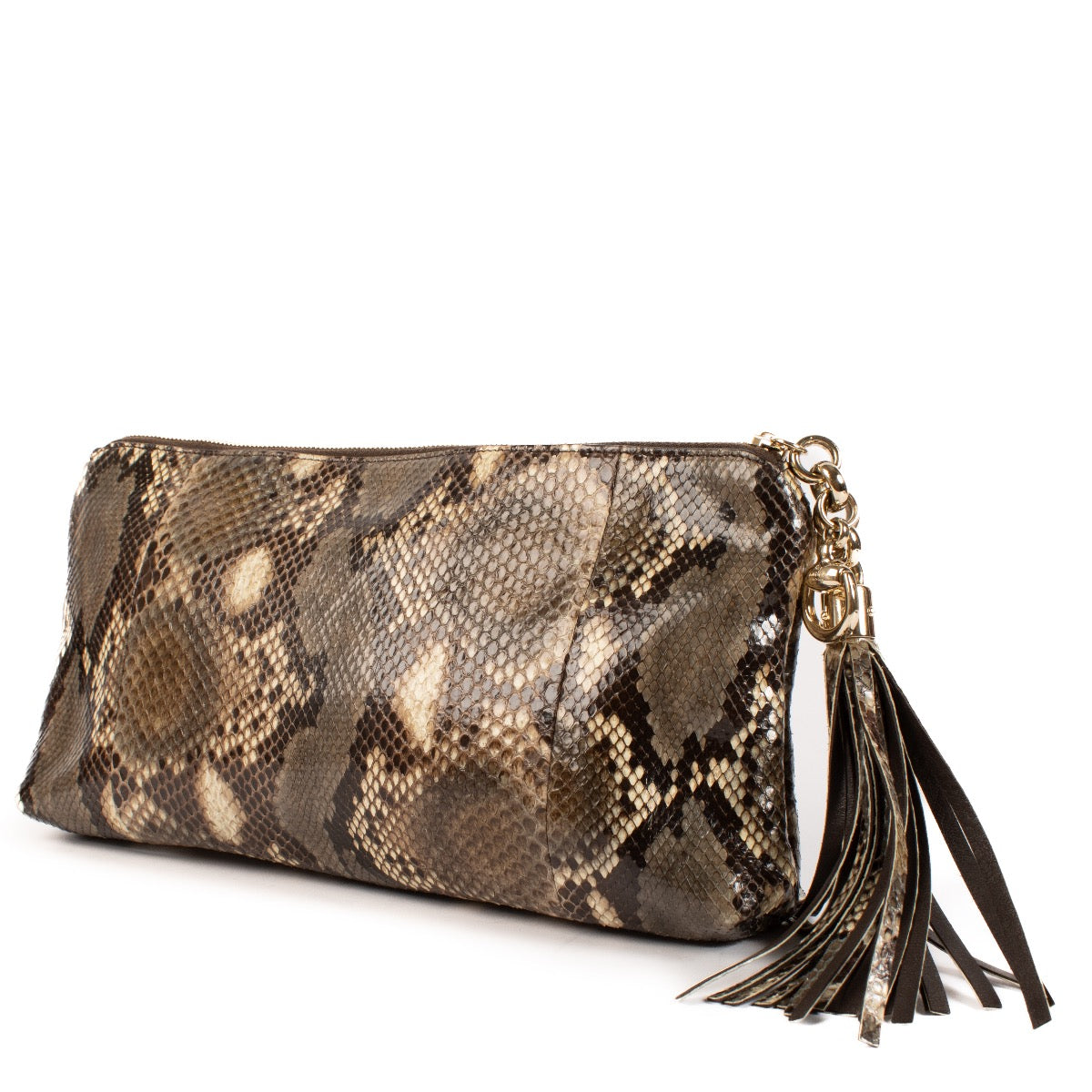 Shop safe online at Labellov in Antwerp, Brussels and Knokke this 100% authentic second hand Gucci Python Sienna Tassel Clutch