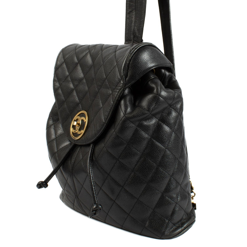 Chanel Vintage Zwart Gequilte CC Flap Rugzak