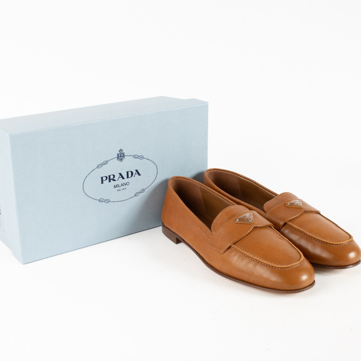 Prada Caramel Nappa Triangle Logo Loafers - Size 41