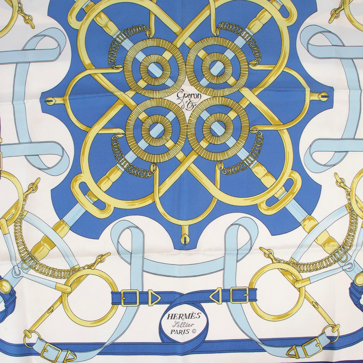 Shop safe online at Labellov in Antwerp this 100% authentic second hand Hermès Blue Silk Eperon D'Or Scarf