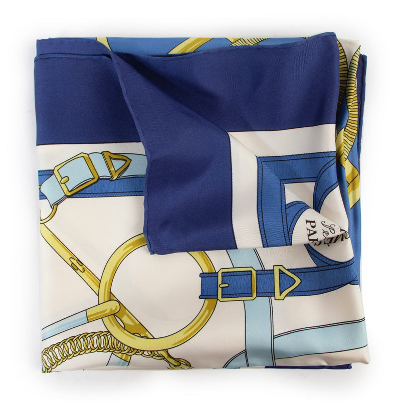 Shop safe online at Labellov in Antwerp this 100% authentic second hand Hermès Blue Silk Eperon D'Or Scarf