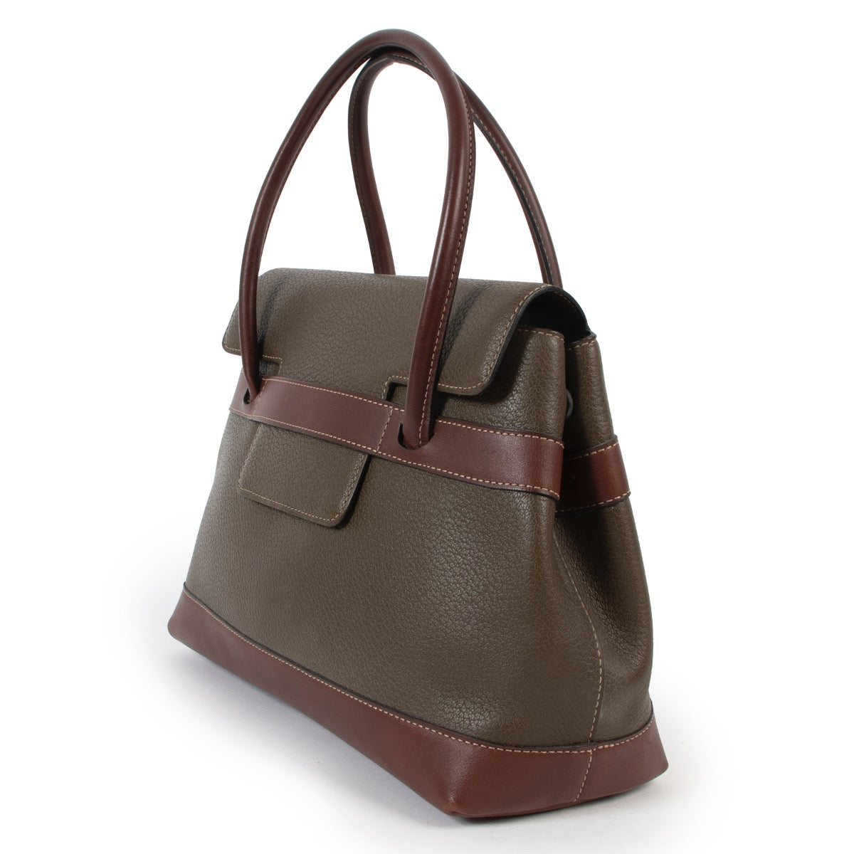 Shop safe online at Labellov in Antwerp this 100% authentic second hand Deux De Delvaux Khaki Green Top Handle