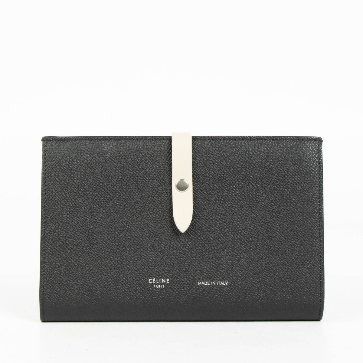 Portefeuille Céline à deux volets en cuir noir avec dragonne